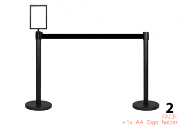 2 Pack - Flexibarrier Belt Stanchion (Black, 2m Belt) Including A4 Sign-holder