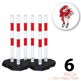 (6 Pack) - Flexibarrier Post & Chain Barrier -Steel- including 25m plastic chain (Red/White